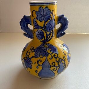 Vintage Decorative Vase China Side Handles Floral Yellow Blue